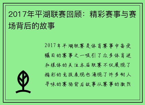 2017年平湖联赛回顾：精彩赛事与赛场背后的故事
